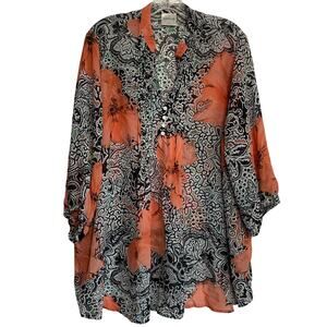 Bedford Fair Womens 2X Button Peach Orange Flower Semi Sheer 3/4 Sleeve Top